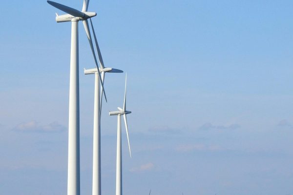 pexels-photo-414943-414943-1 Row of wind turbines in a rural area, generating renewable energy under a blue sky.
